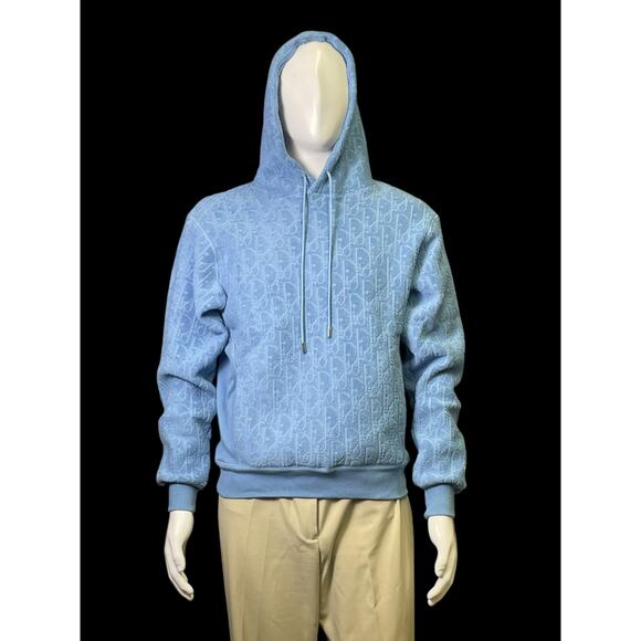 Authentic DIOR 113J631A0684 Oblique Jacquard Hoodie Blue Terry Cotton XS NWT